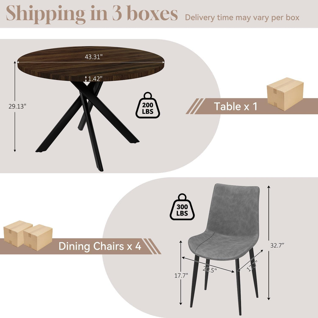 44" Round Dining Table with Chair Set for 4, Modern Mid-Century Dining Table Set of 4, Cozy Dinette Sets with Metal Leg for Kitchen Dining Room Apartment(Walnut Table + Gray Chairs) | Cushioned Minimalist Gray Chairs of 4, Mid-Century Walnut Tabletop