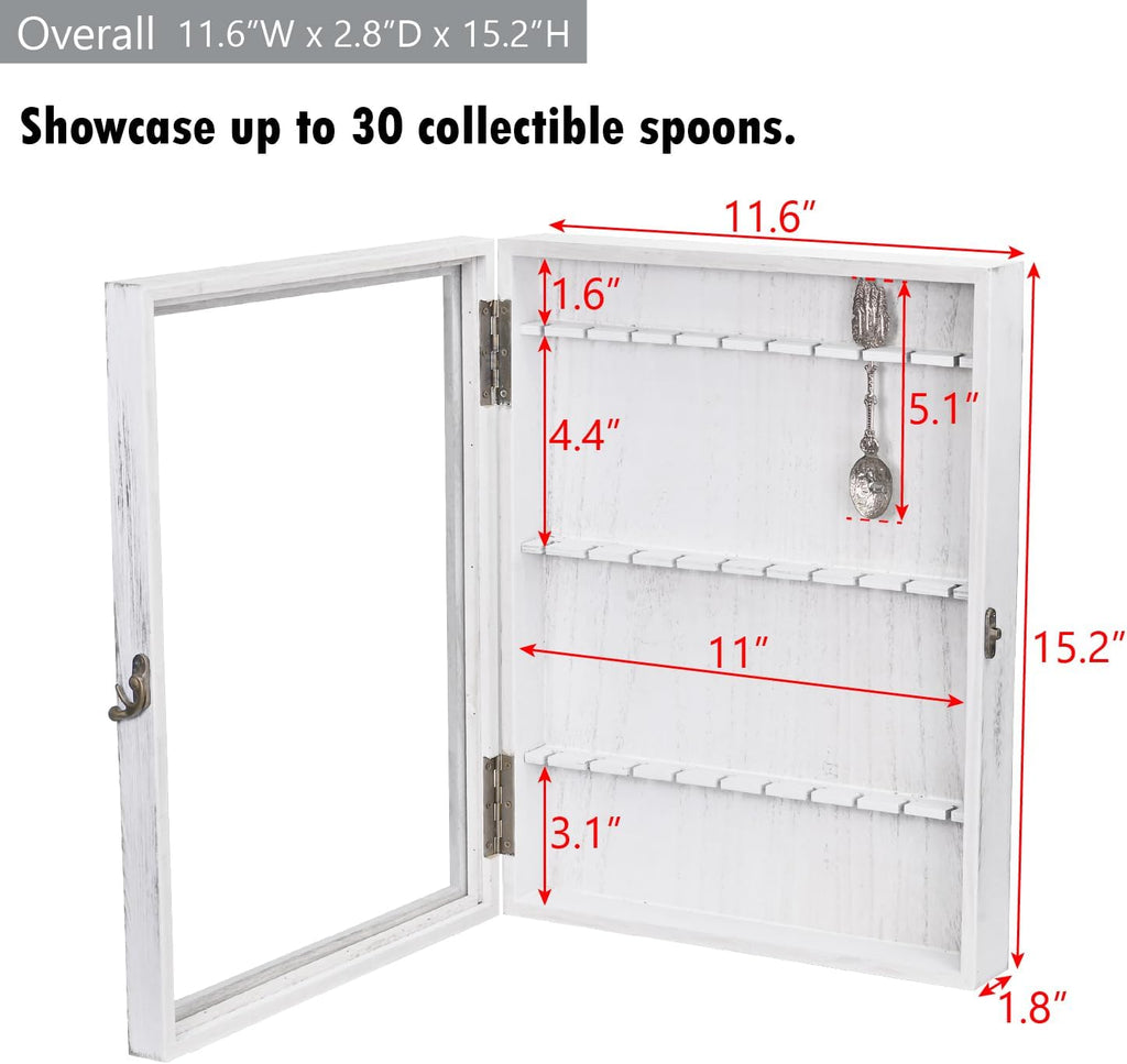 Ikee Design Wooden 30-Souvenir Spoon Display Case Cabinet, Wall-Mounted Tea Spoon Rack with Tempered Glass Door Suitable for Collection Display, Antique White Color, 13.4W x 2.6D x 15.7H in