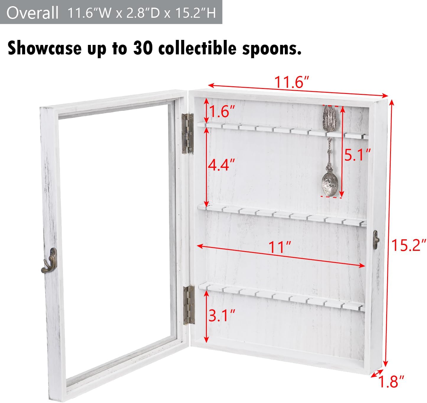 Ikee Design Wooden 30-Souvenir Spoon Display Case Cabinet, Wall-Mounted Tea Spoon Rack with Tempered Glass Door Suitable for Collection Display, Antique White Color, 13.4W x 2.6D x 15.7H in