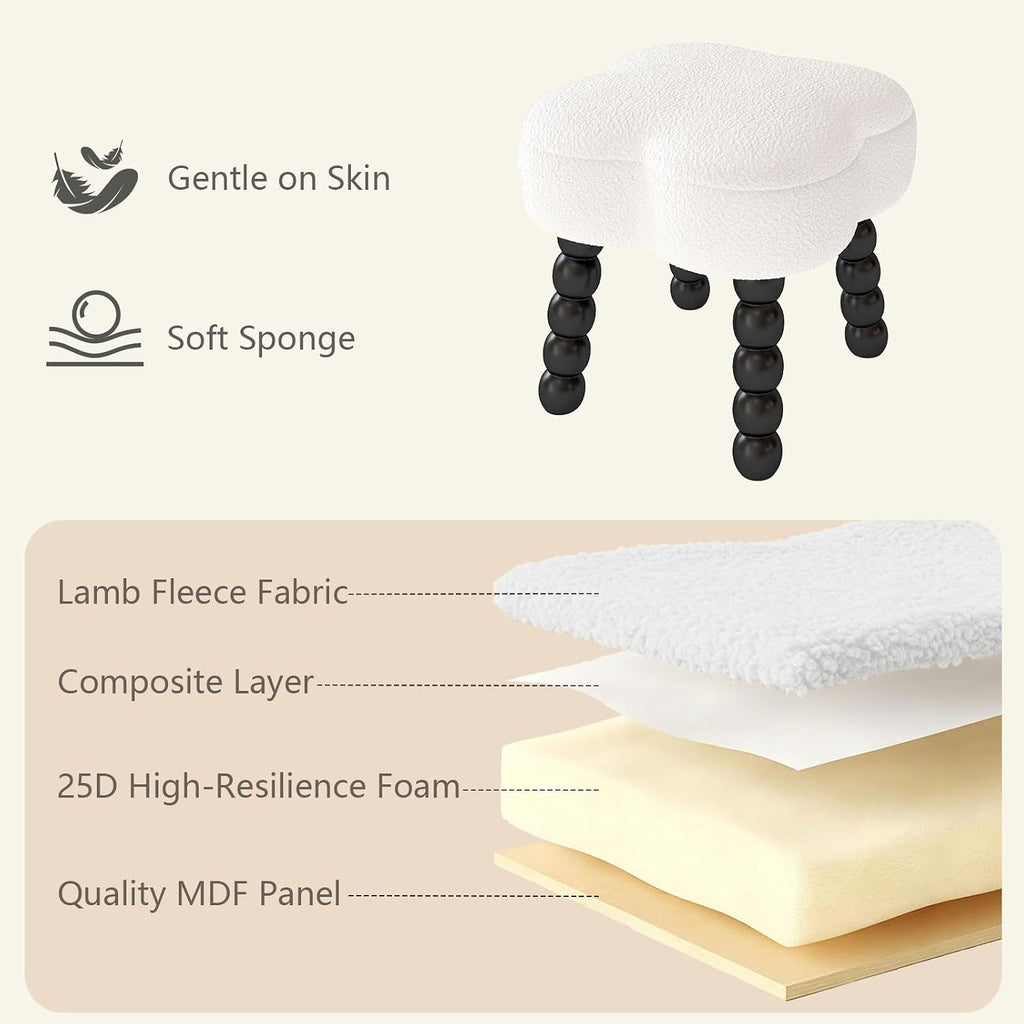 White Ottoman, Small Footrest, Clover-White | Storage Space, Unique Shaped, Wood Legs, Faux Teddy Fur