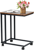 FurnitureR End Table C Shaped, Snack Side Table with Rolling Wheels for Sofa Couch and Bed, Portable, Easy Assembly, Metal Frame, Rustic Brown