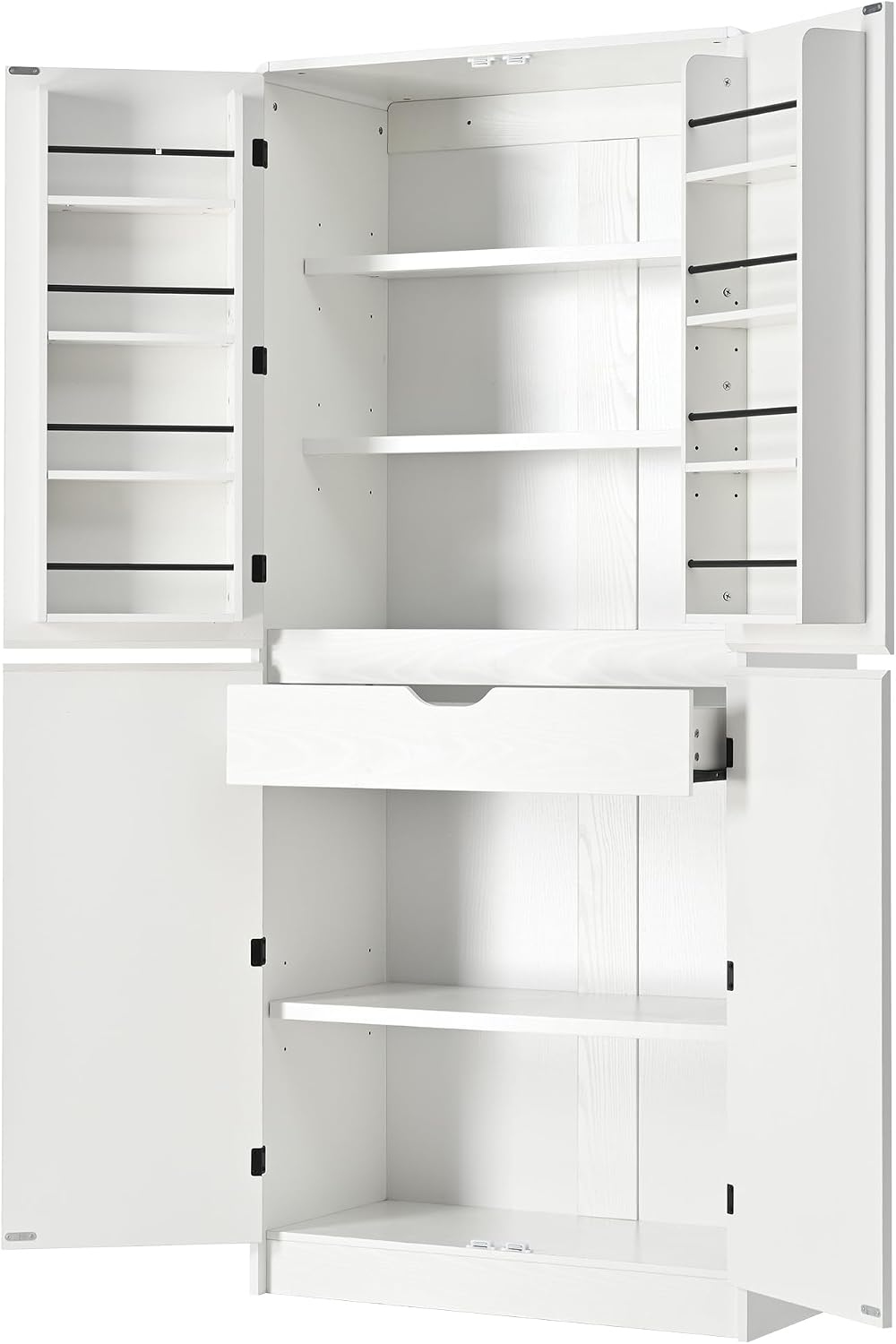 72 Inch Farmhouse Kitchen Pantry Cabinet with Unique Curved Design, 4-Door Storage with 8 Adjustable Door Shelves, 3 Adjustable Shelves & Hidden Drawer, Freestanding (Curved Design + White)