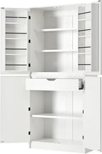 72 Inch Farmhouse Kitchen Pantry Cabinet with Unique Curved Design, 4-Door Storage with 8 Adjustable Door Shelves, 3 Adjustable Shelves & Hidden Drawer, Freestanding (Curved Design + White)