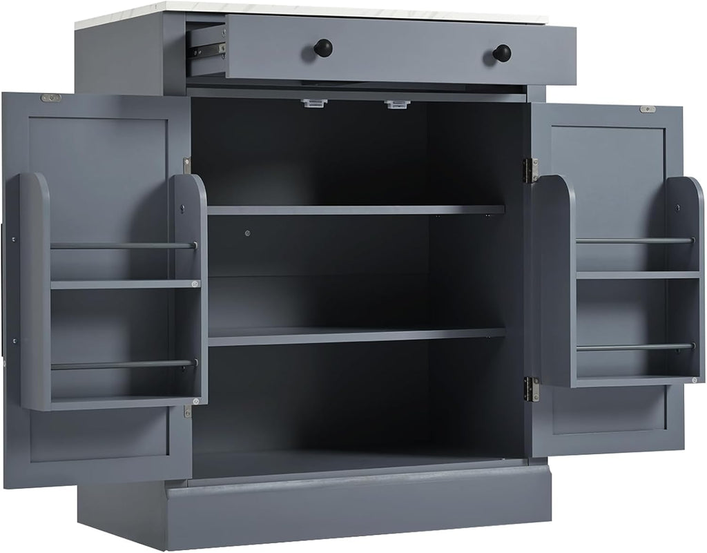 Modern Freestanding Kitchen Pantry & Buffet Food Storage Cabinet with Drawer, 2 Adjustable Shelves, 2 Door Shelves, Faux Marble Countertop - Ideal for Dining, Kitchen, and Coffee Bar (Gray)