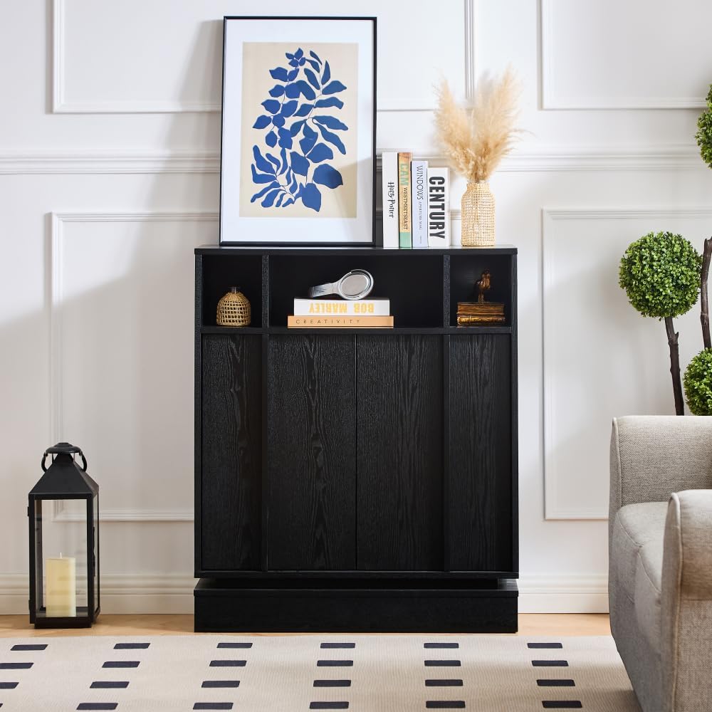 Small Sideboard Buffet Cabinet with Storage, 31.7" Farmhouse Accent Cabinet with 2 Doors, Adjustable Shelves and Open Shelf for Dining Room, Kitchen, Living Room and Entryway, Black
