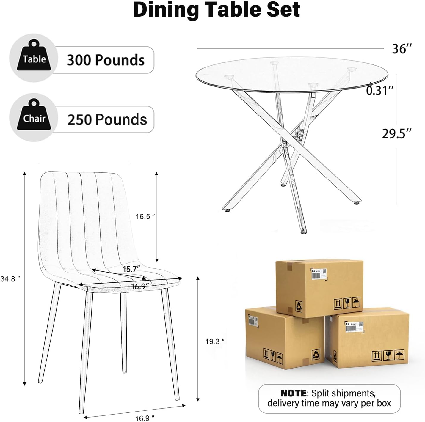 Modern Round Glass Dining Table Set for 4, 36'' Small Tempered Glass Tabletop Black Base with 4 Black Minimalism Dining Chairs, 5-Piece Clear Circle Dining Table Set(Easy Assemble)