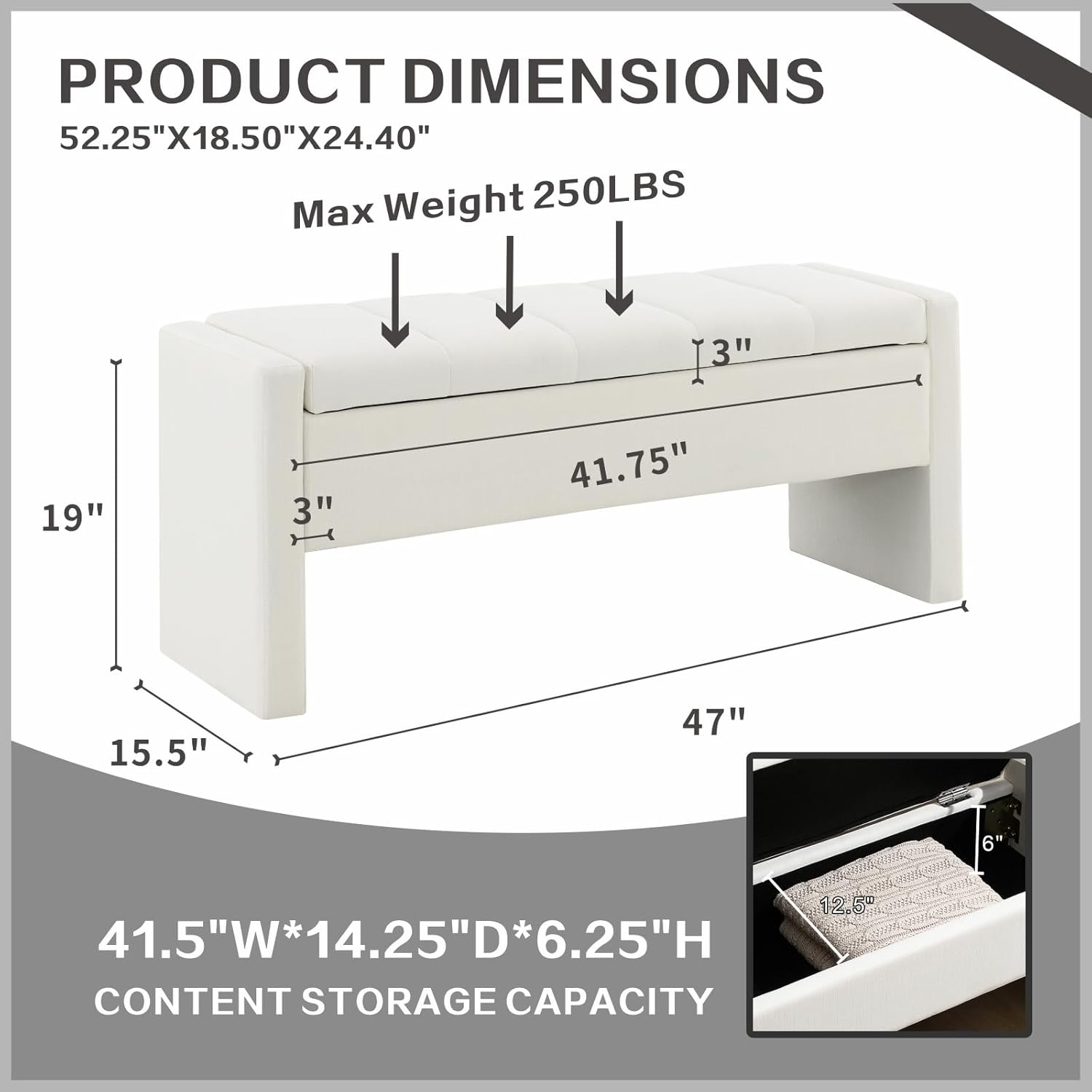 47.25'' Ottoman with Storage, End of Bed Storage Bench, Entryway Bench - Linen Upholstered Multi-Functional Footrest for Bedroom, Living Room, Dorm & Window Bench (A-White)