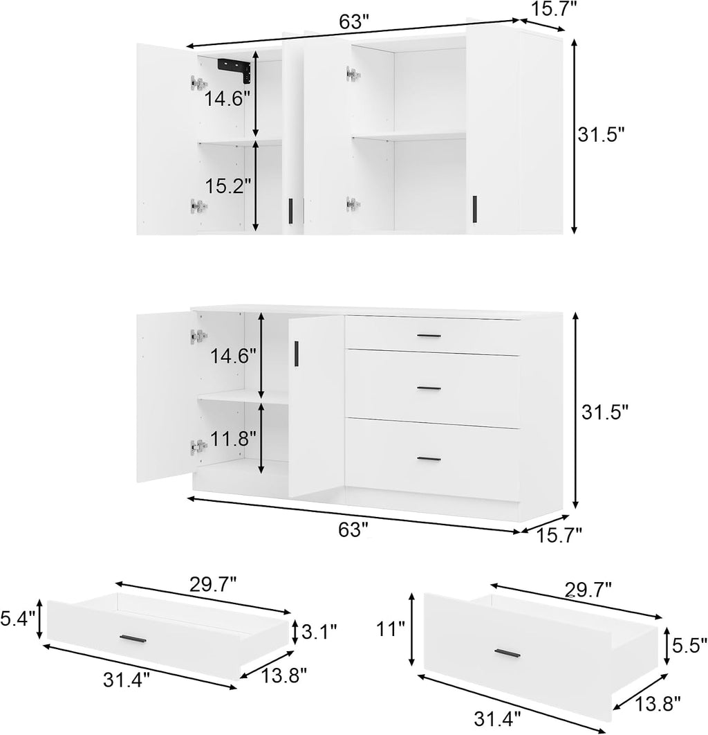 63" Kitchen Cabinet Set with 3 Drawers and 6 Doors, Wall Mounted Upper Cabinet and Floor Base Cabinet for Pantry, Large Kitchen Storage System with Adjustable Shelves, White