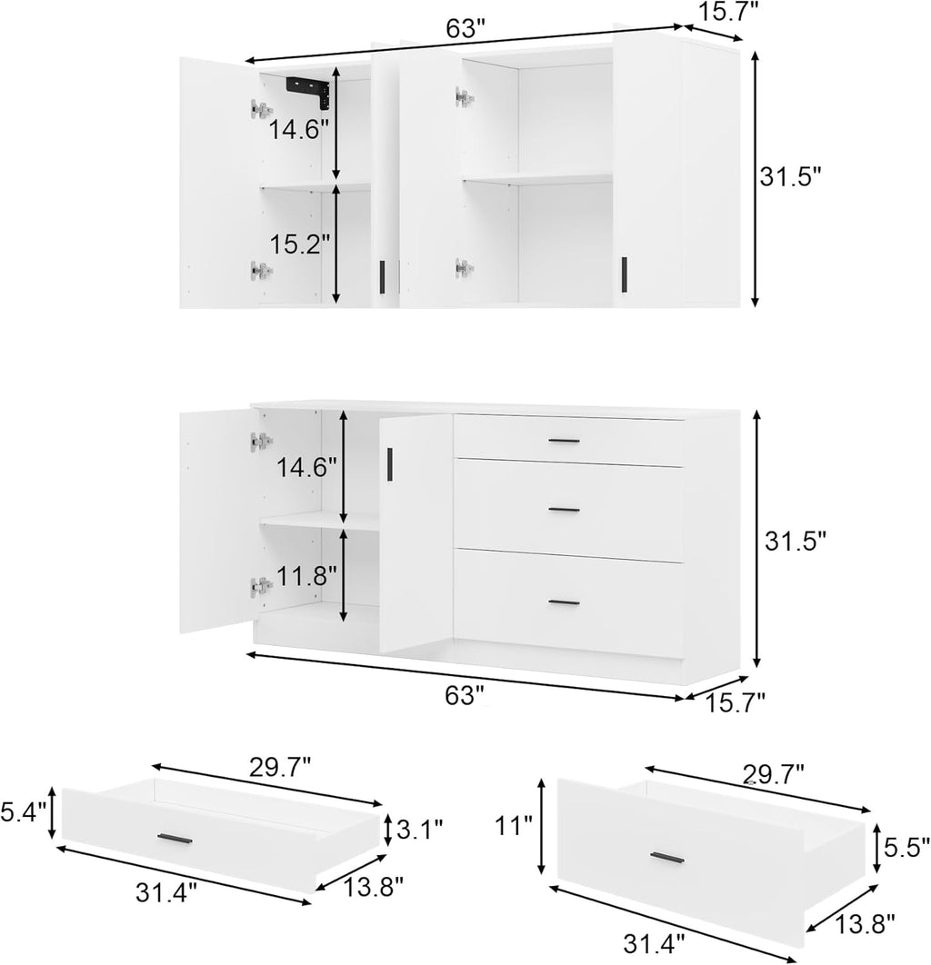 63" Wide Kitchen Pantry, 2-Piece Modern Storage Cabinet with 6 Doors and 3 Drawers, Food Pantry Cabinets with 3 Adjustable Shelves, Wall Mounted Cupboard and Base Cabinet for Kitchen, White