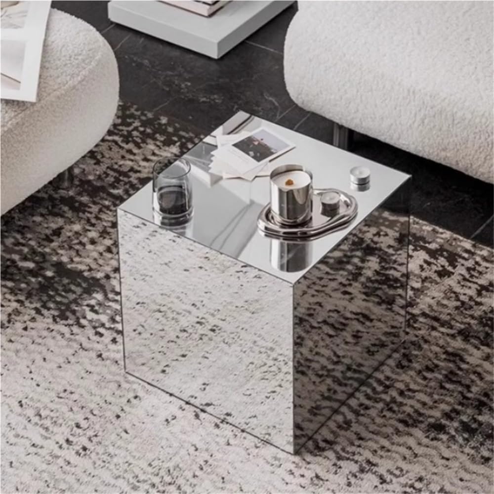 Mirrored Acrylic Cube End Table, Modern Square Side Table, Light Small Accent Night Stand for Living Room, End Table for Home Decor, Photography Props and Art Display(Silver,30cm/11.8in)
