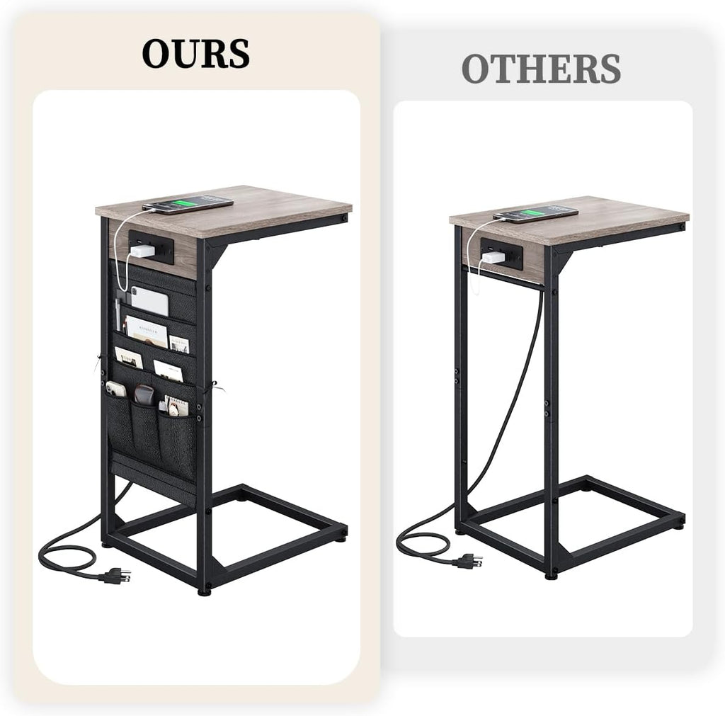 C-Shaped End Table with Fast-Charging Station, Small Couch Side Table with Storage Bag, Sofa TV Tray Table for Living Room, Bedroom, Bedside ET-GY-1