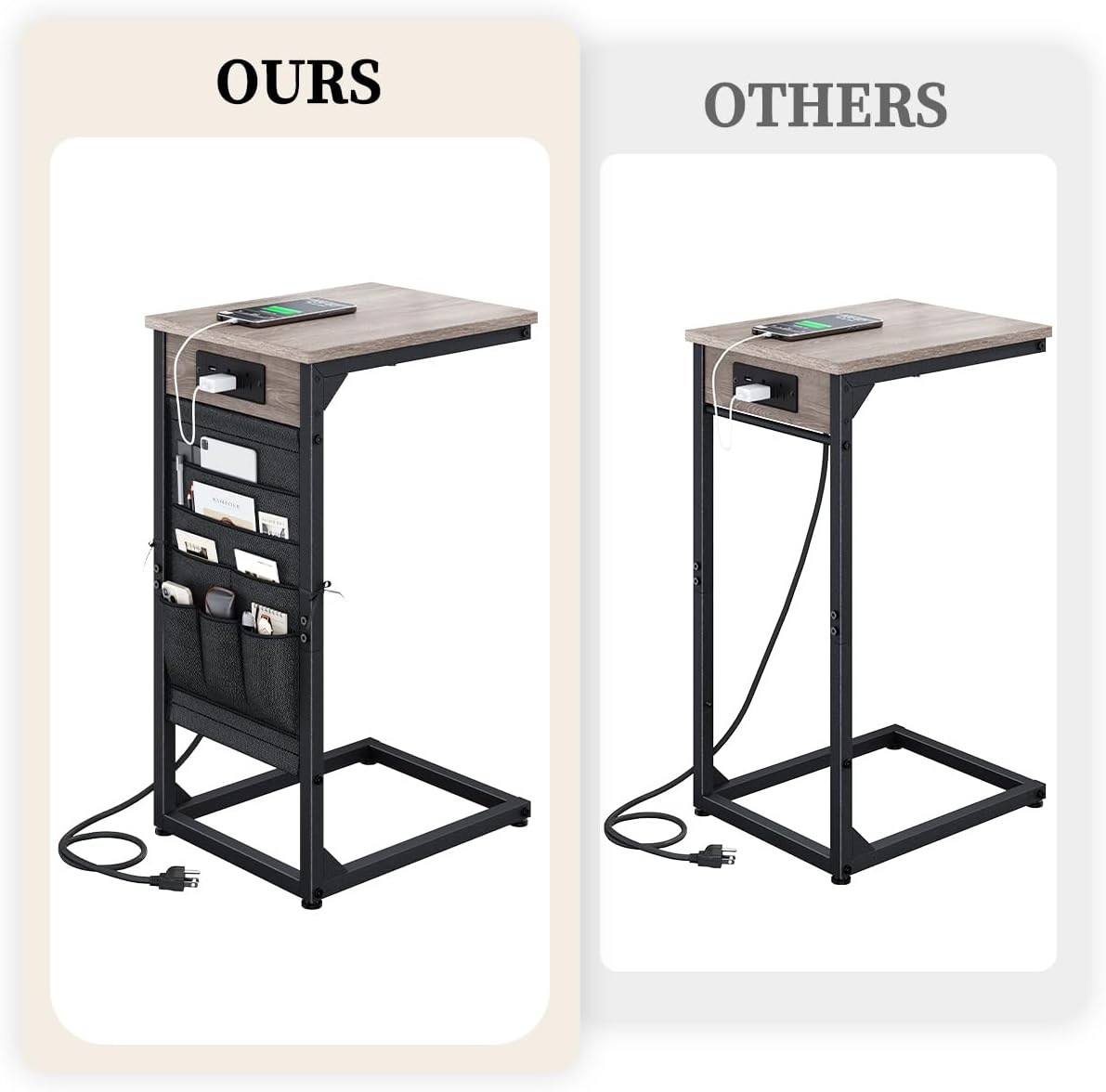 C-Shaped End Table with Fast-Charging Station, Small Couch Side Table with Storage Bag, Sofa TV Tray Table for Living Room, Bedroom, Bedside ET-GY-1