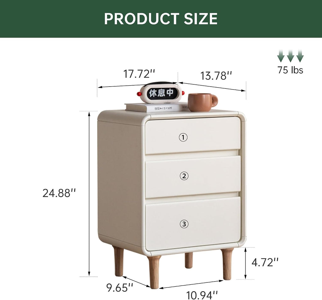 3-Drawers White Wood Nightstand, Mid Century Modern Nightstands, Tall Night Stand for Bedroom, Wood Bedside Tables for Dorm, Sturdy(Rubberwood, 24.88" H)