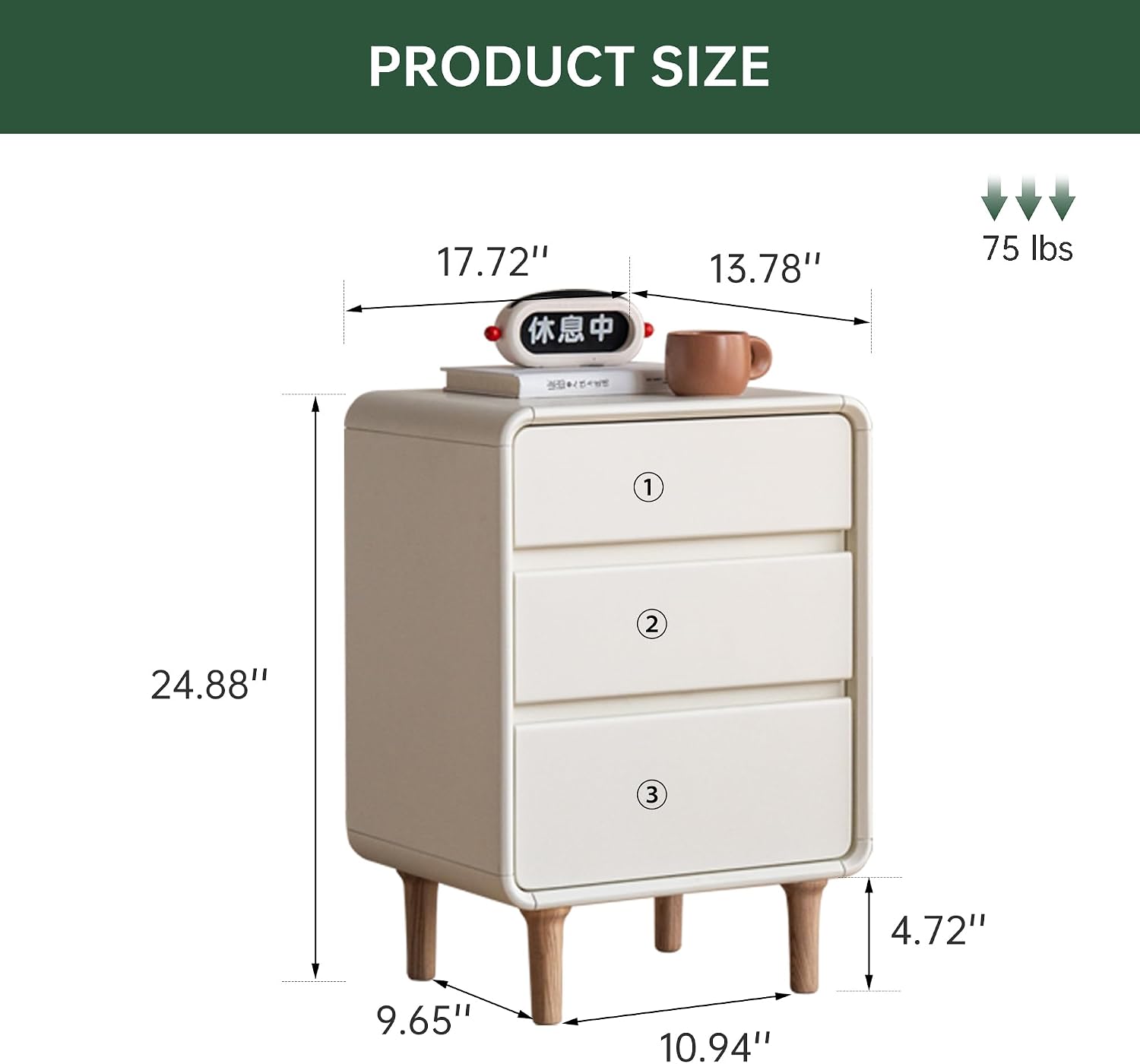 3-Drawers White Wood Nightstand, Mid Century Modern Nightstands, Tall Night Stand for Bedroom, Wood Bedside Tables for Dorm, Sturdy(Rubberwood, 24.88" H)