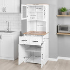 Microwave Cart with Storage, Freestanding Kitchen Pantry Cabinet with Stand & Adjustable Shelves, Farmhouse Multi-Function Organizer with Drawers, Glass Doors for Dining Room Office Dorm, White