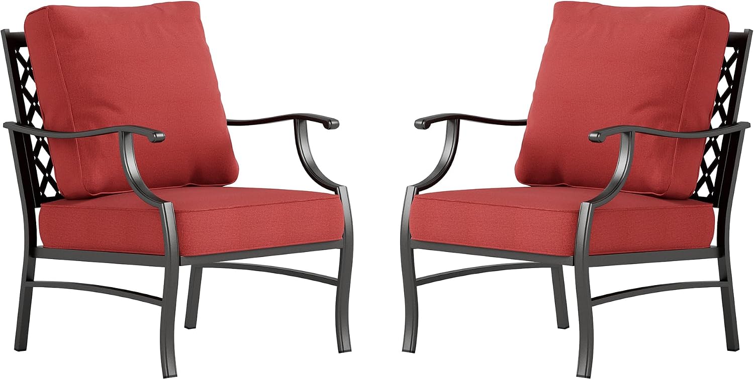 SUNSHINE VALLEY Metal Patio Chair Set of 2 with 5.75" Extra Thick Cushion, 2 Pieces High Back Outdoor Patio Chairs All Weather Outdoor Furniture Seating for Deck Backyard Balcony Front Porch, Rust Red