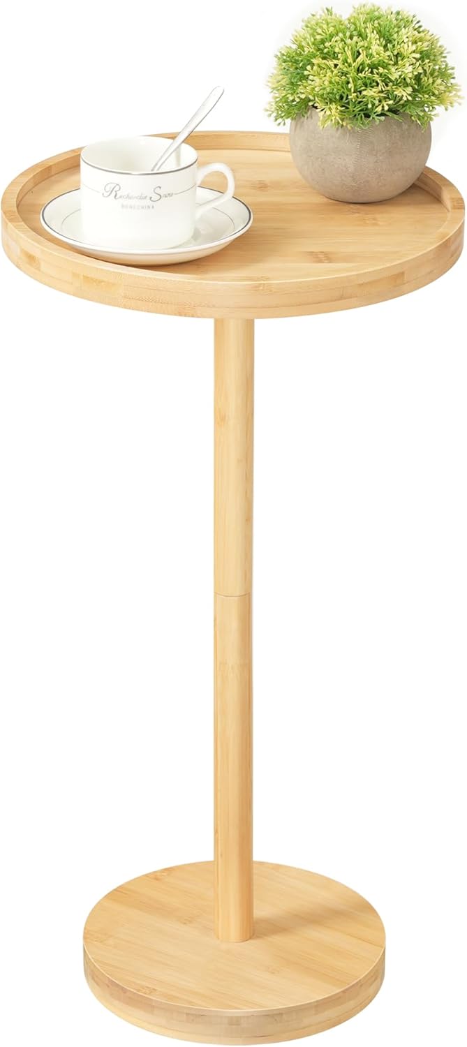 HOOBRO Small Round Side Table, Bamboo Drink Table, Coffee Martini Table with Pedestal Accent for Small Spaces in Living Room, Bedroom, Sofa Couch, Natural YL235BZ01