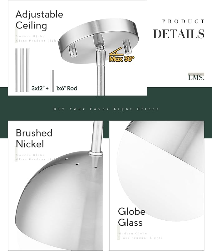 LMS 2 Pack Modern Pendant Lights, Mid Century Brushed Nickel Kitchen Lighting with White Globe Glass Shade, Adjustable Hanging Light Fixtures Ceiling Light for Home Office Dining Room, LMS-186BN2PK