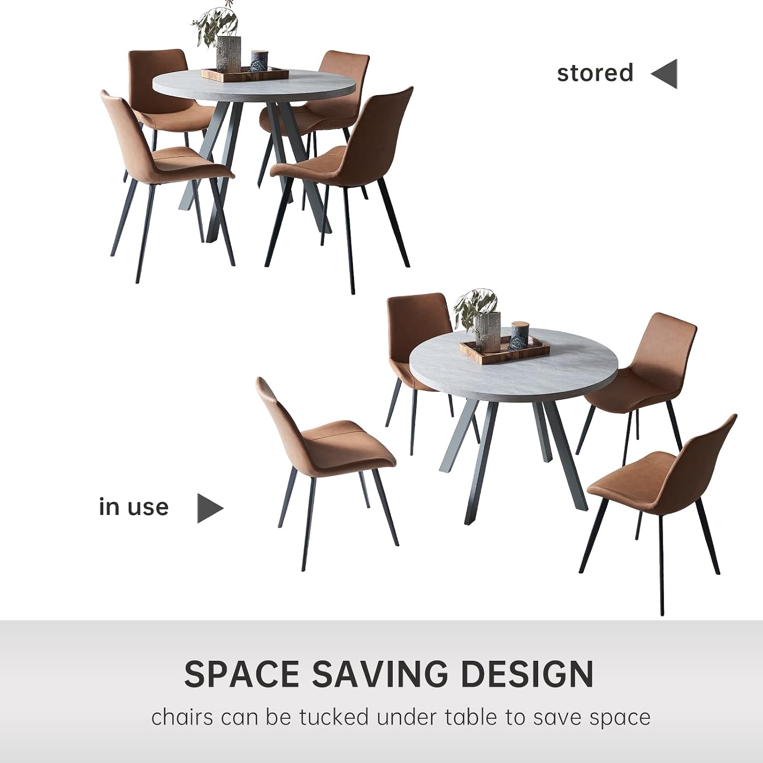 Zerifevni Round Dining Table Set, Mid Century Modern Small Round Dining Table Set, Saving Space (Table + 4 Brown Chairs)