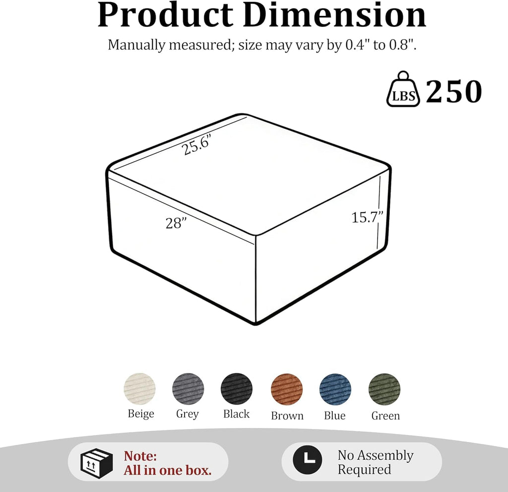 28 Inch Corduroy Square Ottoman Foot Rest, Modular Cloud Sofa Cube Pouf, 250LBS No Assembly Foot Stool for Living Room (Gray)