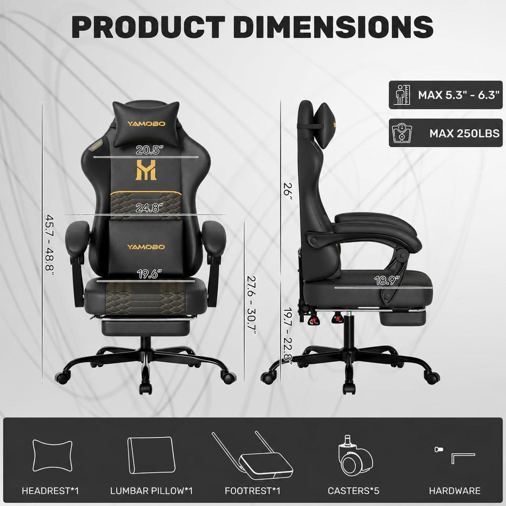 Gaming Chair with Footrest, Ergonomic Video Game Chair with Adjustable Lumbar and Headrest Massage Support,PU Leather High Back Recliner Comfortable for Office, Game and Study, Black