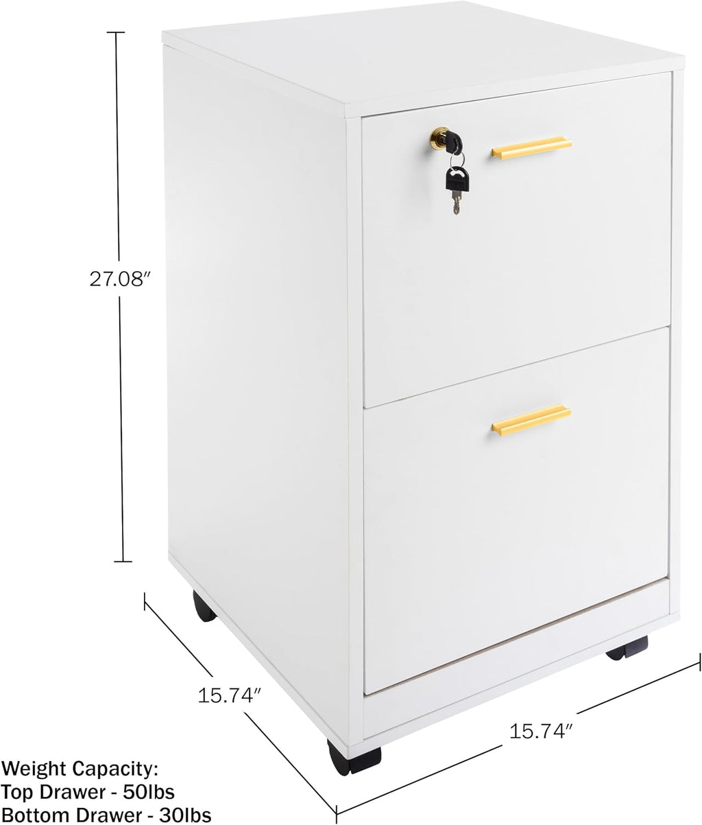Lavish Home 2 Drawer File Cabinet - Filing Cabinet with Lock - Rolling File Cabinet for Under Desk Storage - Wood Filing Cabinet for Home or Office Organization (White)