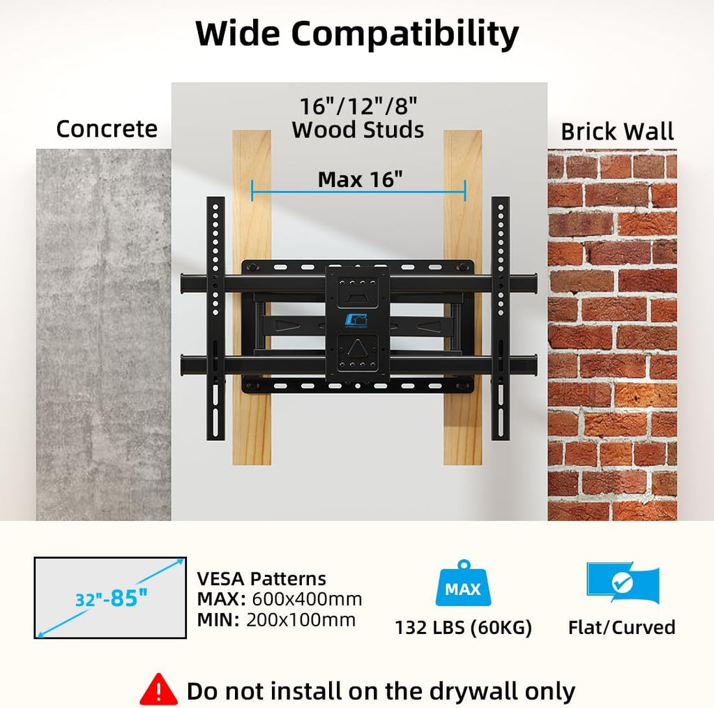 HOME VISION Full Motion TV Wall Mount for 32-85 inch TVs up to 132lbs | Max VESA 600x400mm, Fits 8”/ 12” /16” Wood Studs, TV Mount Wall Bracket with Dual Articulating Arms, Swivel, Tilt