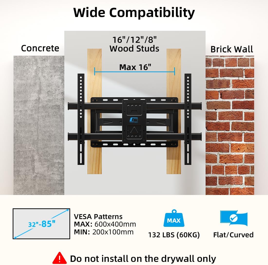 HOME VISION Full Motion TV Wall Mount for 32-85 inch TVs up to 132lbs | Max VESA 600x400mm, Fits 8”/ 12” /16” Wood Studs, TV Mount Wall Bracket with Dual Articulating Arms, Swivel, Tilt