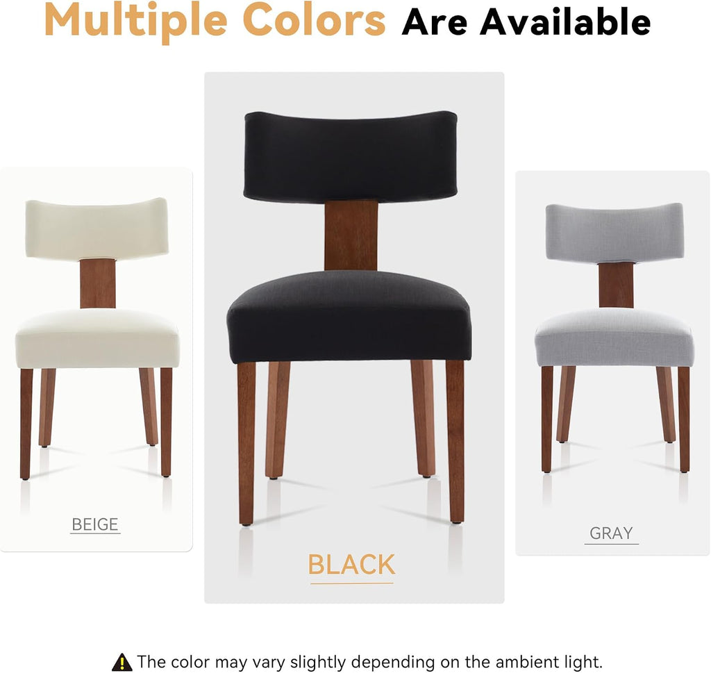 FOXHUNTER Upholstered Dining Chairs Set of 2, Modern Wooden Armless Kitchen Chairs with Curved Backrest, Mid-Century Farmhouse Dining Side Chairs, Linen Black