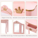 UTEX Pink Crown Princess Kids Vanity Set with Drawer for Little Girls | Wooden Toddler Vanity, Kids Vanity Table and Chair Set, Crown and Star Patterns, Gold Edge Trim, Princess Style