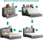 BALUS Queen Murphy Bed, Chest Murphy Bed with Built in USB Chariging Station & Storage Drawer, Solid Wood Cabinet Bed, Queen Hidden Bed for Guest/Living Room/Bedroom, No Mattress-Grey