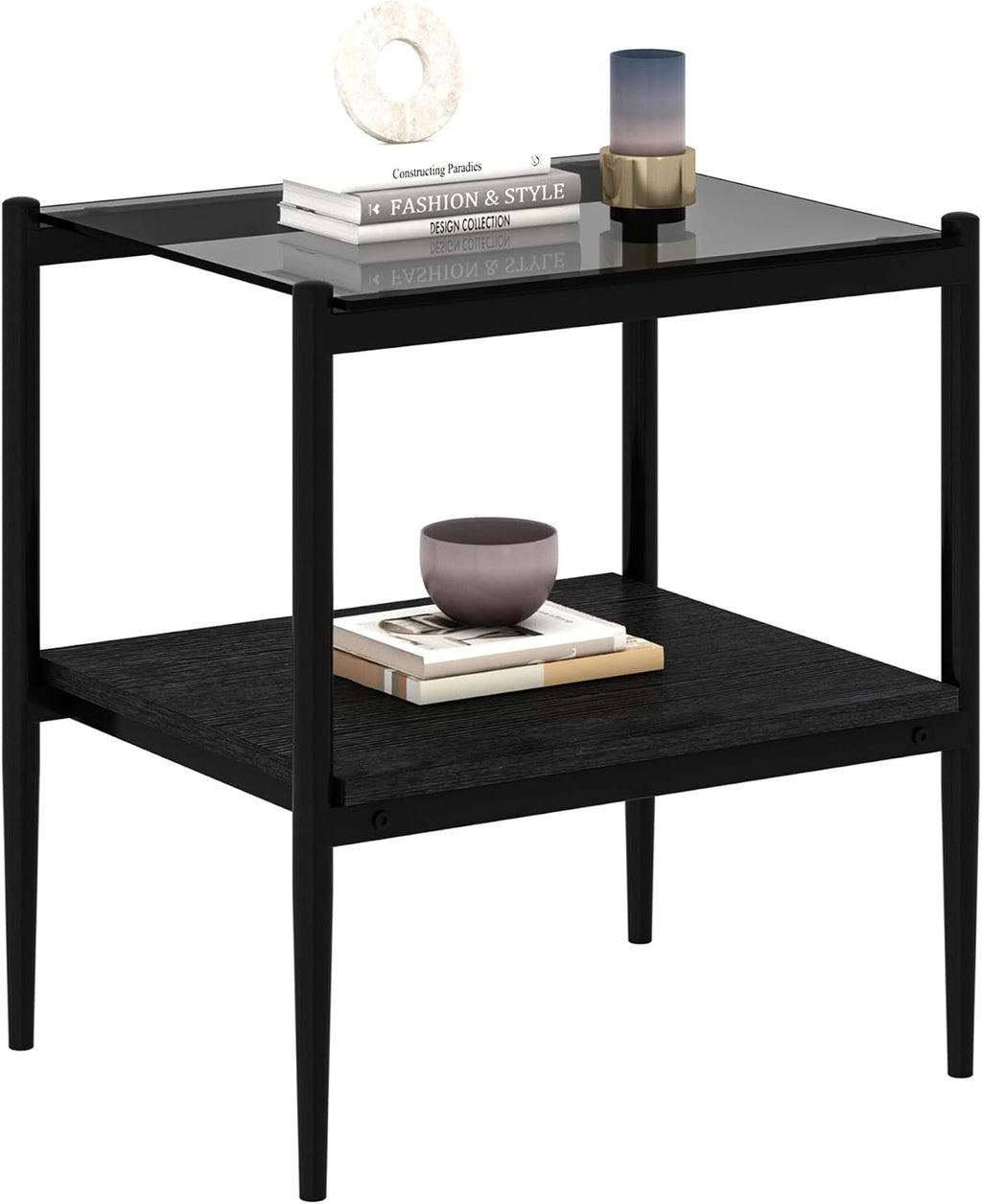 Set of 2 Rectangle Modern Glass End Table,Tempered Glass Top, Sofa Side Table with MDF Storage Shelf and Metal Legs,Modern Table for Living Room and Bedroom,Grey Glass/Black