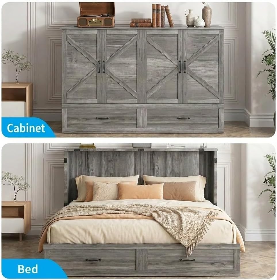 Mjkone 63" W Queen Murphy Bed, Cabinet Beds Queen Size with Built-in Charging Station and Drawer, Modern Cabinet Murphy Chest Bed, Hidden Guest Wall Beds, Space Saving - Grey (No Mattress)