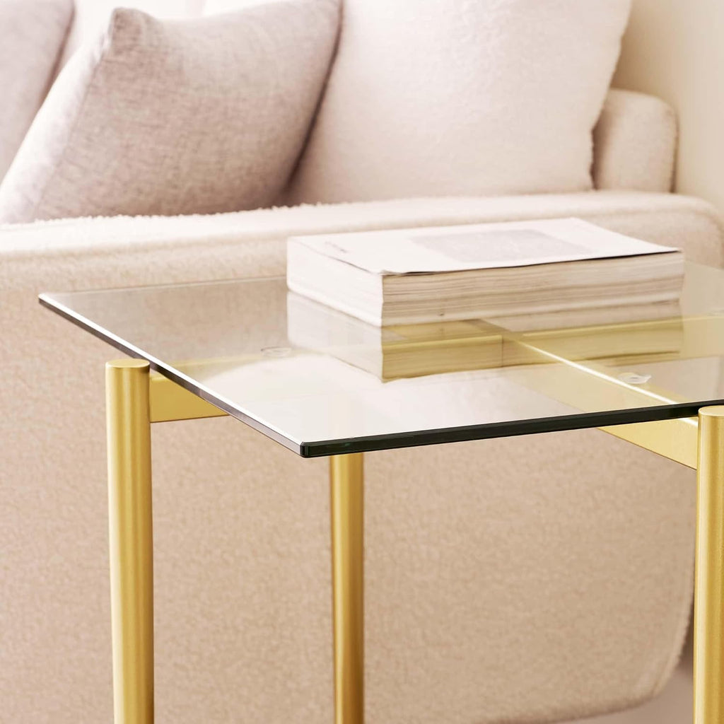 LumFurn Glass End Table, Mid-Century Modern Design Sofa Table, for Living Room, 2-Tier Structure, Clear Glass Top and Walnut MDF Shelf, Sleek Conical Metal Legs with Gold Finish Frame