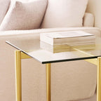 LumFurn Glass End Table, Mid-Century Modern Design Sofa Table, for Living Room, 2-Tier Structure, Clear Glass Top and Walnut MDF Shelf, Sleek Conical Metal Legs with Gold Finish Frame