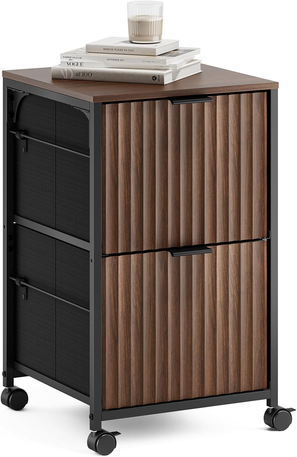 VINGLI 2 Drawer Mobile File Cabinet, Rolling Fluted Filing Cabinet Under Desk File Cabinet with Wheels, Fabric Drawers Printer Stand for Home Office, Fits Letter Size, Walnut