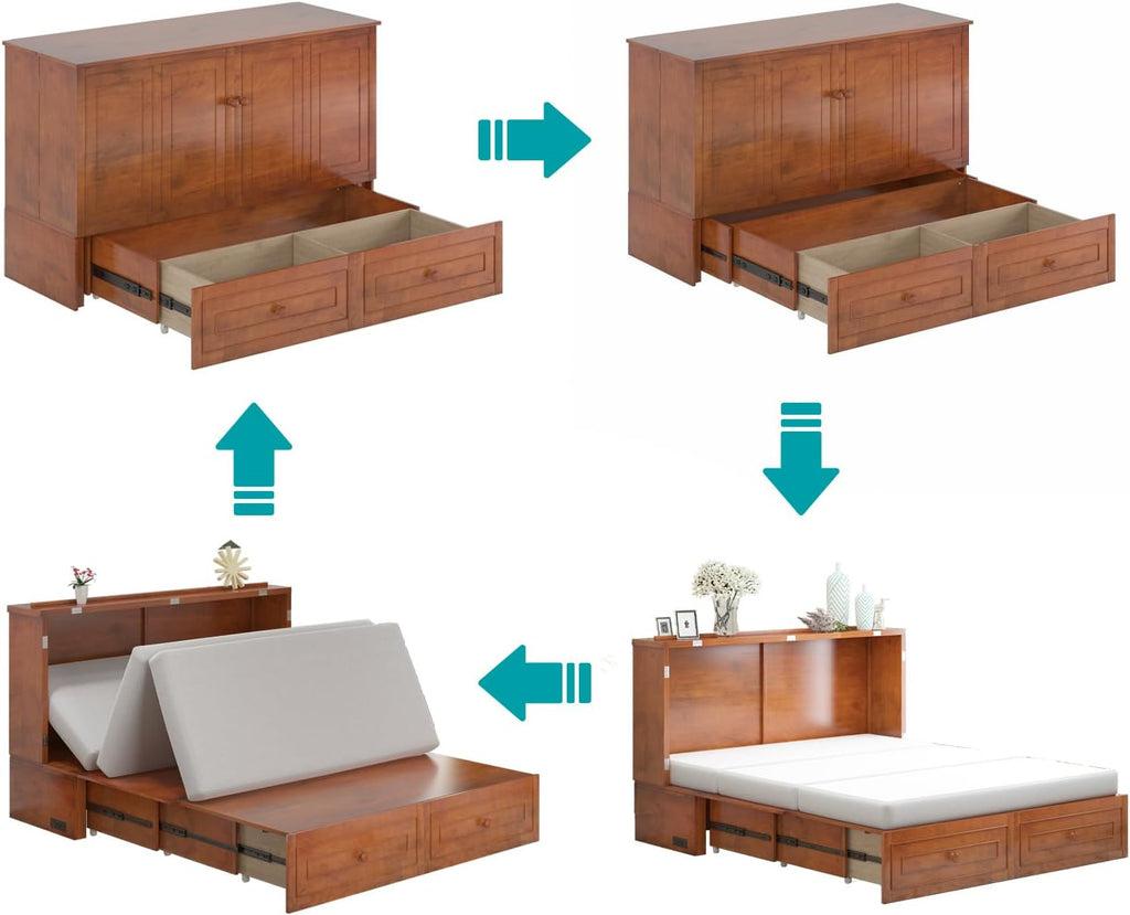 BALUS Murphy Bed, Queen Cabinet Bed, Modern Adults Guest Room Murphy Chest Cube Beds with Built-in Charging Station and Storage Drawers for Bedroom Apartment, No Mattress, Cherry