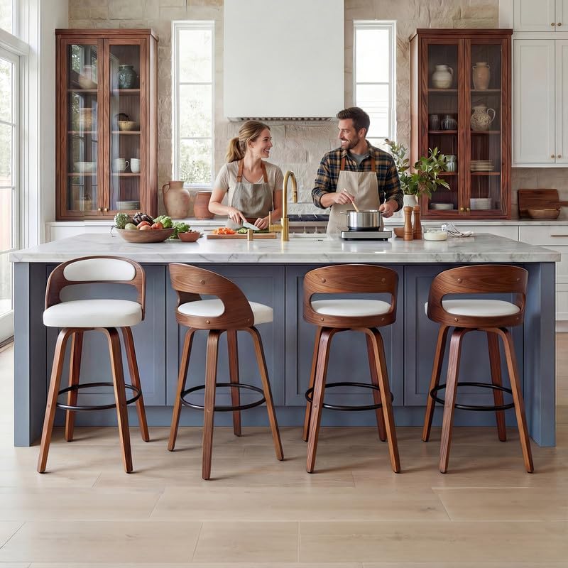 Swivel Counter Height Stools Set of 4, 25" Counter Stools with Bentwood Curved Back Upholstered Seats Mid Century Modern Stools for Kitchen Island, Counter, White