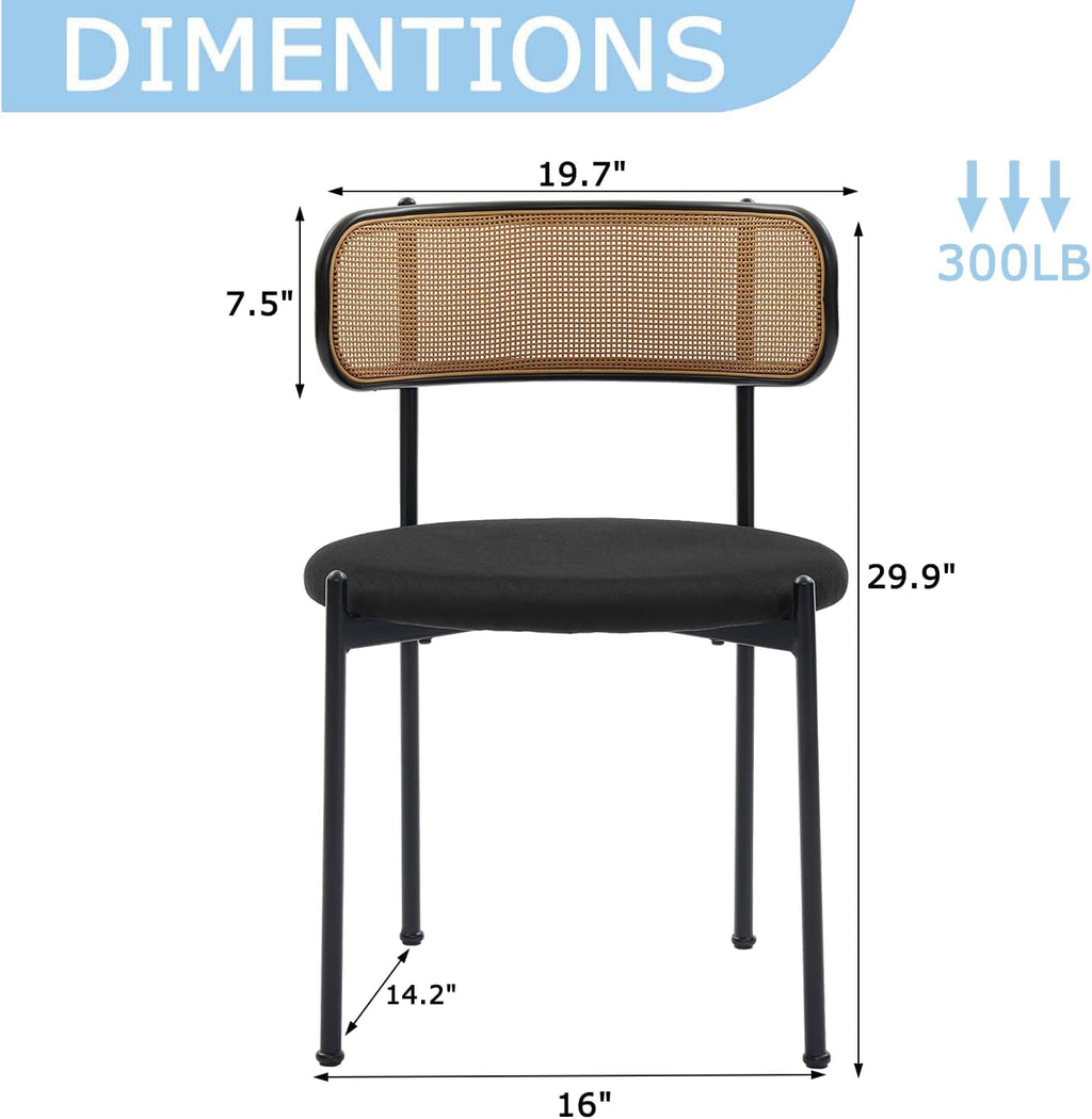Rattan Dining Chairs Set of 4, Kitchen Chairs with Curved Cane Backrest &Metal Legs, Modern Dining Room Chair, Round Upholstered Sherpa Chair for Living Room, Black