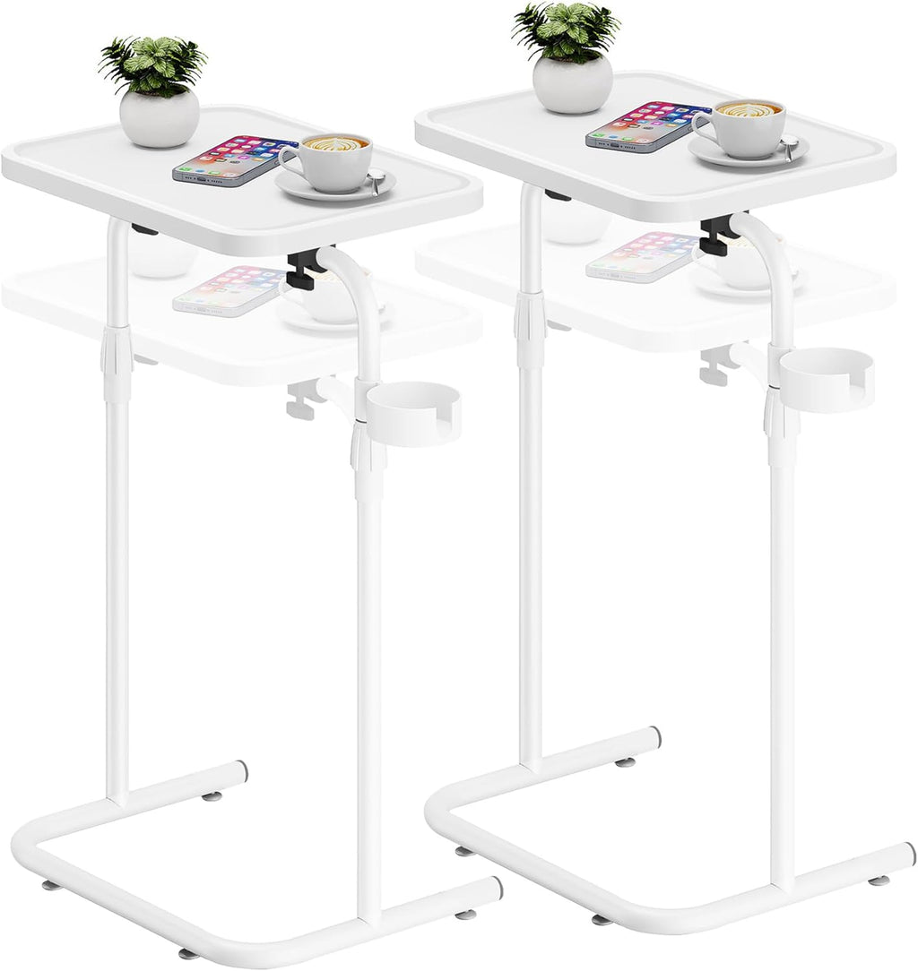 TUTOTAK C Shaped End Table with Tiltable Surface, Set of 2, Adjustable Height Side Table, Slide Under Couch Table TV Tray for Eating, Sofa Tray for Livingroom, Bedroom White TB01BW0912
