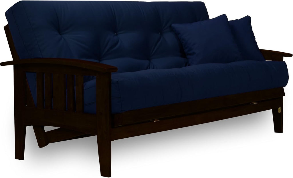 Nirvana Futons Westfield Complete Futon Set - Espresso Finish (Warm Black) – Large Queen Size, Mission Style Wood Futon Frame with Mattress Included (Twill Navy Blue), More Mattress Colors Available