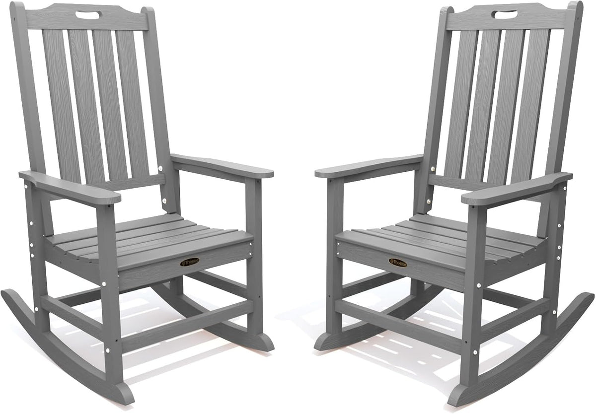 THOEOE Outdoor Rocking Chairs Set of 2, Oversized Patio Rocking Chair | HDPE Outdoor Rockers for Front Porch, Patio, Backyard, Balcony and Garden. All-Weather High Back Design, Gray
