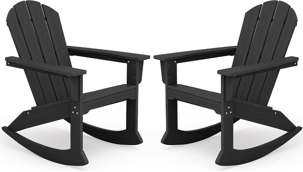 SERWALL Outdoor HDPE Adirondack Rocking Chairs, All-Weather, Black, 2PCS | The rocking chair features safe rocking design, ergnomic structure and all-weather HDPE frame for lasting outdoor use