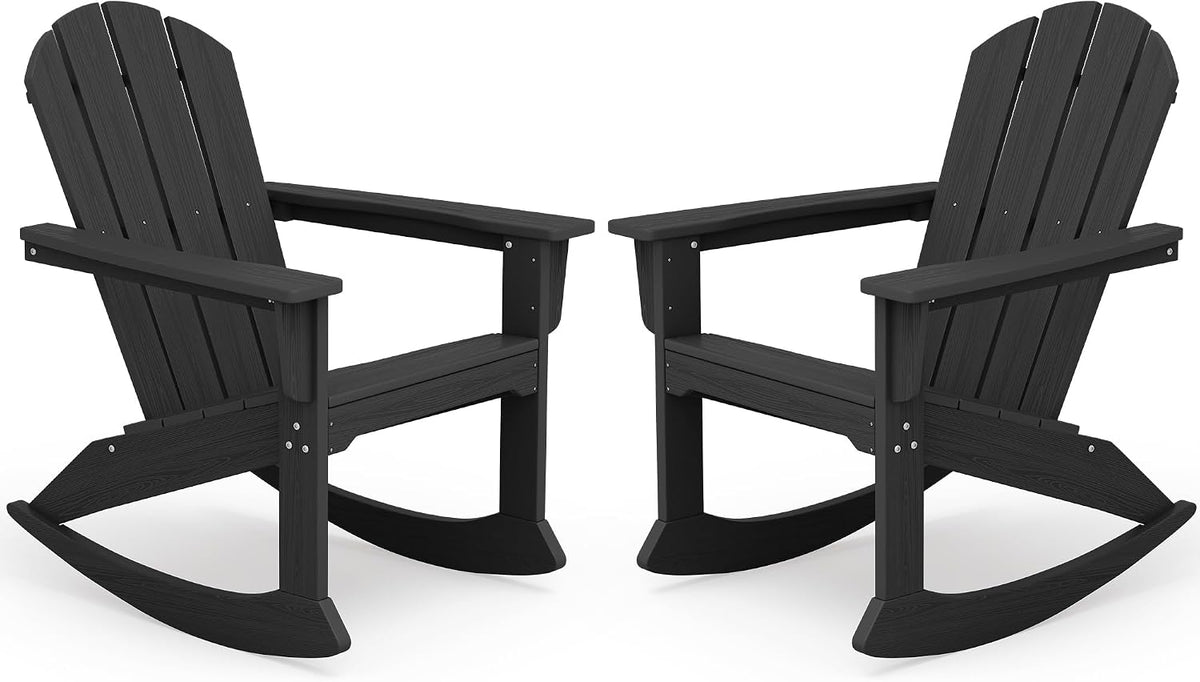 SERWALL Outdoor HDPE Adirondack Rocking Chairs, All-Weather, Black, 2PCS | The rocking chair features safe rocking design, ergnomic structure and all-weather HDPE frame for lasting outdoor use
