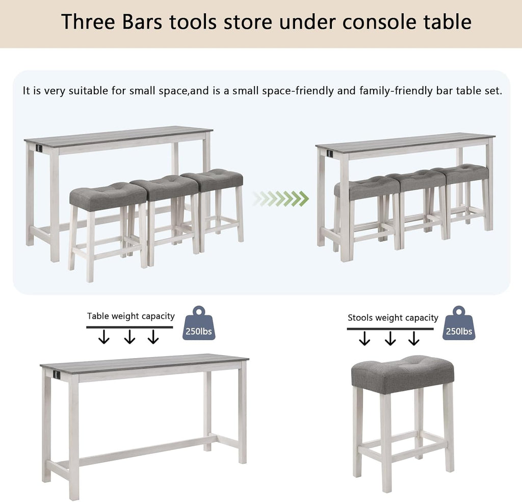 59'' Dining Bar Table and Chairs Set with Power Outlet, 4-Piece Industrial Breakfast Table Set with 3 Padded Stools, Wood Console Table Set for Kitchen Living Room Dining Room, White Grey