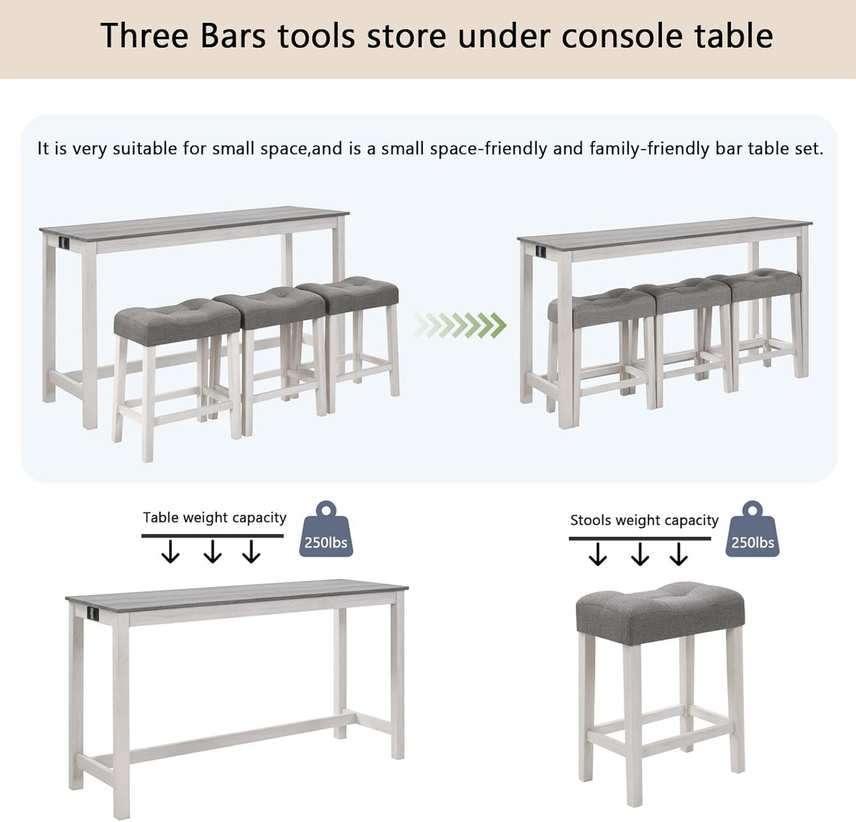 59'' Dining Bar Table and Chairs Set with Power Outlet, 4-Piece Industrial Breakfast Table Set with 3 Padded Stools, Wood Console Table Set for Kitchen Living Room Dining Room, White Grey