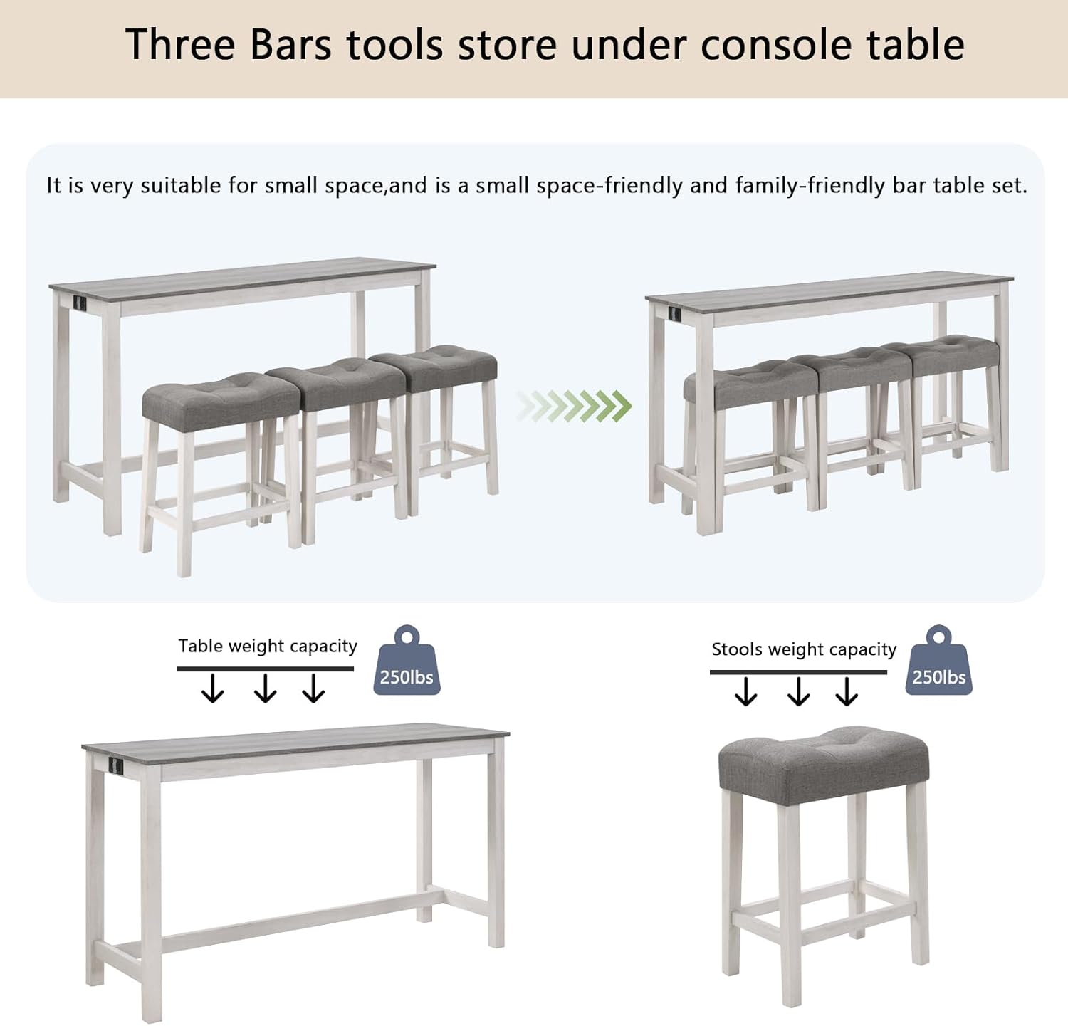 KEIKI 4-Piece Bar Table Set with Charging Ports, 59" Industrial Kitchen Table with 3 Upholstered Stools, Durable Wood Frame for Living or Dining Room, Gray & White