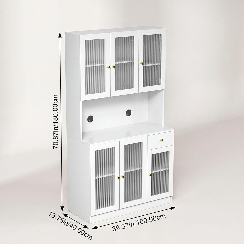 71" Kitchen Pantry Cabinet with Storage, Tall Kitchen Pantry Cabinet with Countertop Soft Close Glass Doors, Tall Kitchen Hutch Cabinet with Drawer & Adjustble Shelves for Kitchen White