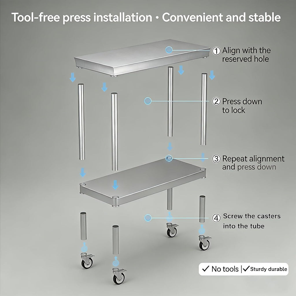 24x48 Stainless Steel Prep Table with Wheels, 1000 lbs, Kitchen, BBQ | Thickened Stainless Steel, 1000-Lb Capacity, Tool-Free Press-Fit Setup, 2-Tier Storage, 4 Locking Casters, 31.5-Inch Height
