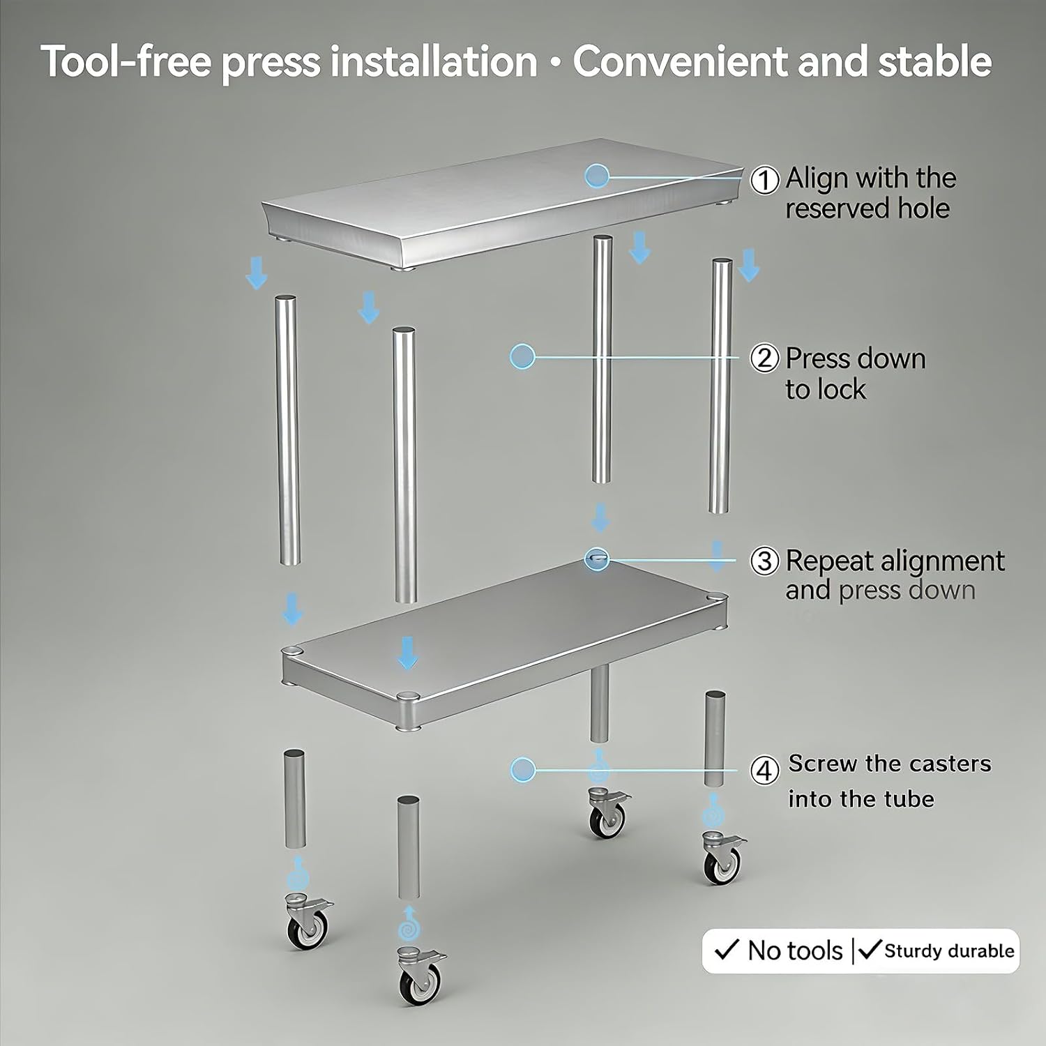 24x48 Stainless Steel Prep Table with Wheels, 1000 lbs, Kitchen, BBQ | Thickened Stainless Steel, 1000-Lb Capacity, Tool-Free Press-Fit Setup, 2-Tier Storage, 4 Locking Casters, 31.5-Inch Height